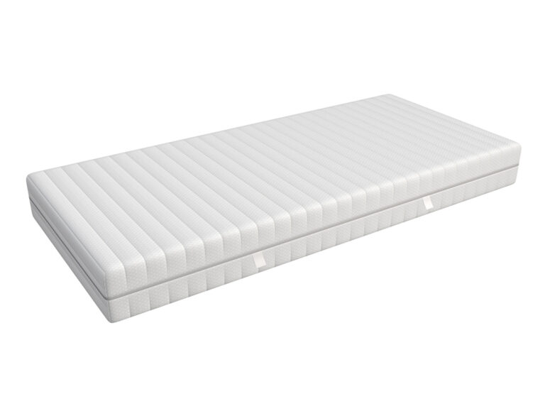 Eine einzelne, rechteckige, weiße Matratze mit horizontalen Nähten und Stoffgriffen an den Seiten, dargestellt vor einem schlichten weißen Hintergrund.