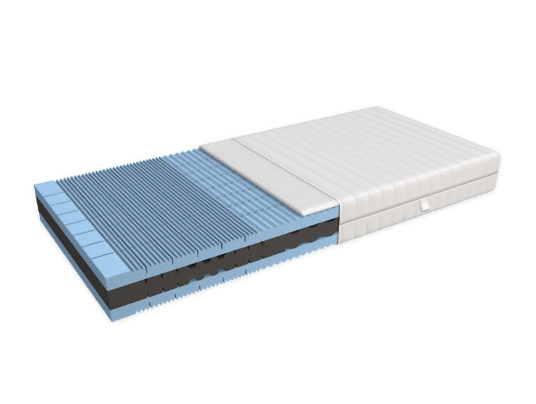 Eine Matratze, deren weißer Bezug teilweise entfernt wurde, so dass mehrere Schaumstoffschichten in Blau und Schwarz zum Vorschein kommen, die mit strukturierten und gerillten Oberflächen für Komfort und Unterstützung sorgen.