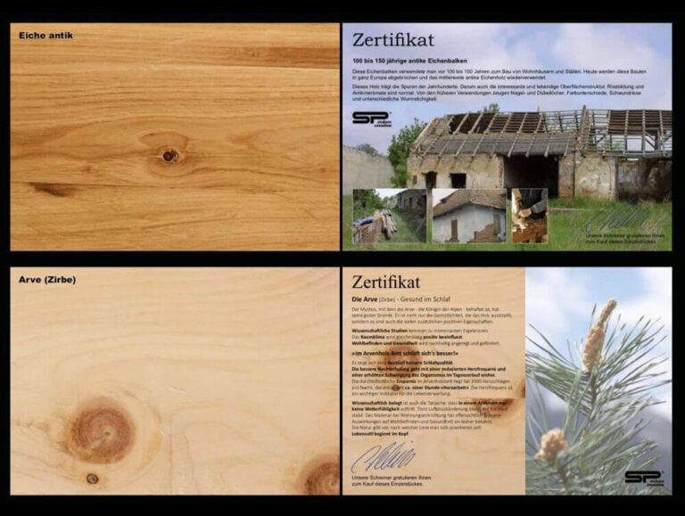 Eiche antik und Arve (Zirbe) mit Zertifikat
