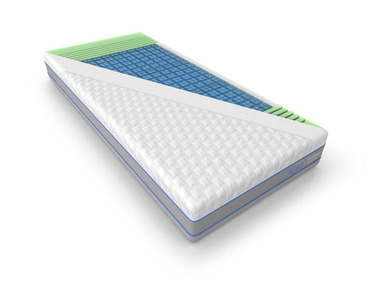 Eine Matratze, bei der eine Ecke weggeschnitten wurde, um die inneren Schichten zu zeigen, darunter eine weiße gesteppte Oberseite, eine blaue gitterartige Schicht und grüne Schaumstoffteile, die auf einem weißen Hintergrund dargestellt sind.
