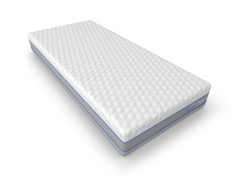 Eine einzelne, rechteckige Matratze mit strukturierter weißer Oberfläche, blauer Umrandung an den Seiten und grauer Stoffeinfassung, abgebildet auf weißem Hintergrund.