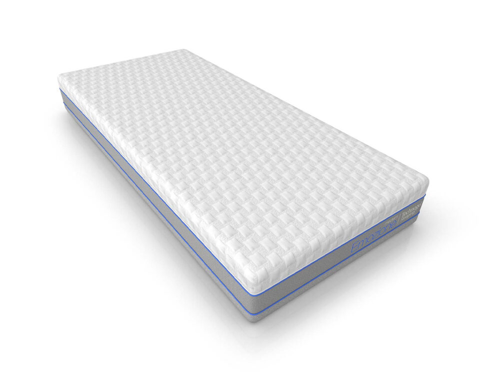 Eine einzelne rechteckige Matratze mit weißem Steppmuster und hellblauer Umrandung auf einem schlichten weißen Hintergrund.