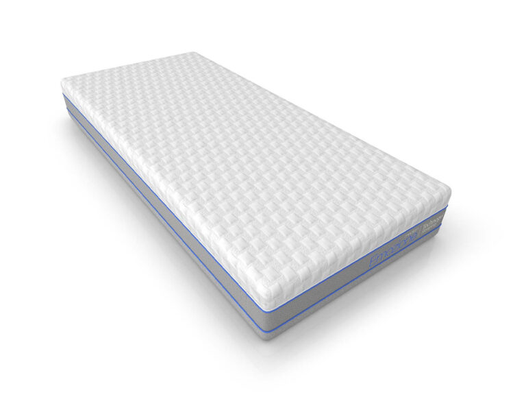 Eine einzelne rechteckige Matratze mit weißem Steppmuster und hellblauer Umrandung auf einem schlichten weißen Hintergrund.