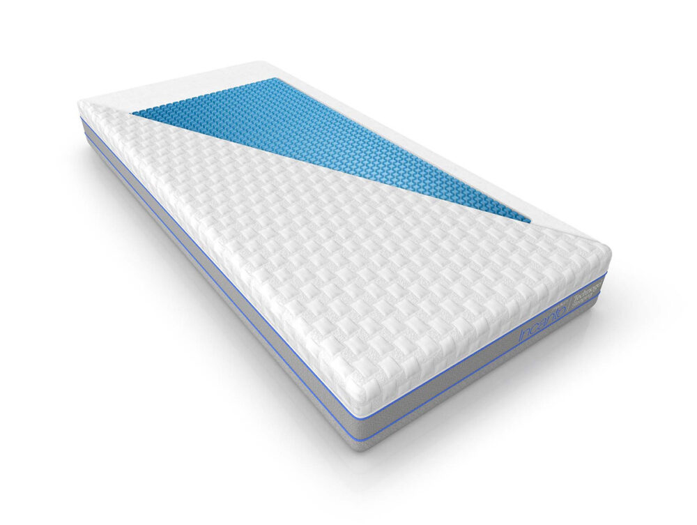 Eine weiße Matratze mit einer blauen Gelschicht, die auf der Oberseite teilweise freiliegt und ein strukturiertes Muster aufweist. Die Matratze hat blaue Akzentlinien an den Seiten und scheint auf einem weißen Hintergrund zu liegen.