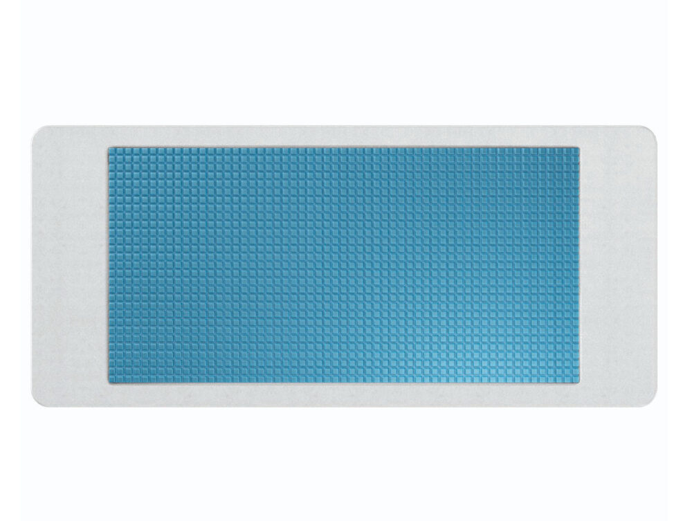 Ein rechteckiger Pflasterverband mit einem großen blauen Polster in der Mitte, das auf einem schlichten weißen Hintergrund angebracht ist. Das blaue Kissen ist mit einem strukturierten Gittermuster versehen.