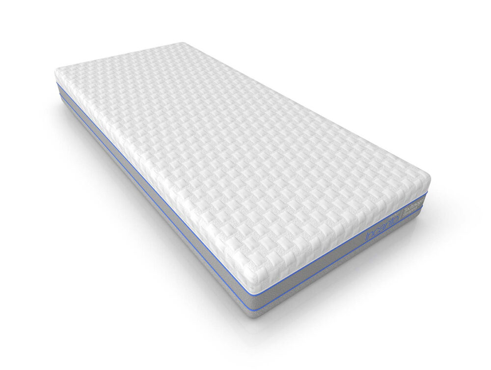 Eine einzelne, rechteckige Matratze mit weißem, strukturiertem Bezug und blauer Umrandung, die auf einem schlichten weißen Hintergrund abgebildet ist.