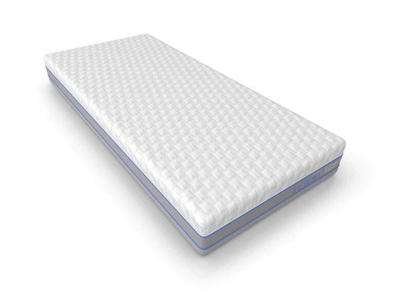 Eine einzelne, rechteckige Matratze mit weißem, strukturiertem Bezug und blauer Umrandung, die auf einem schlichten weißen Hintergrund abgebildet ist.
