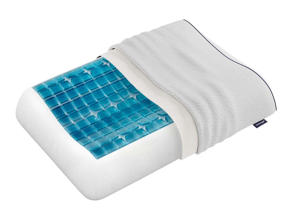 Ein Kissen aus Memory-Schaumstoff mit einem ausgeschnittenen Teil, der eine blaue, kühlende Gelschicht im Inneren offenbart und von einem abnehmbaren, weißen, strukturierten Stoffbezug bedeckt ist.