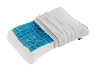 Das Technogel Kissen Anatomic Curve ist ein konturiertes Memory-Foam-Kissen mit einer kühlenden blauen Gelschicht und ergonomischer Stütze, das teilweise mit einem gewellten weißen Stoff bezogen ist.