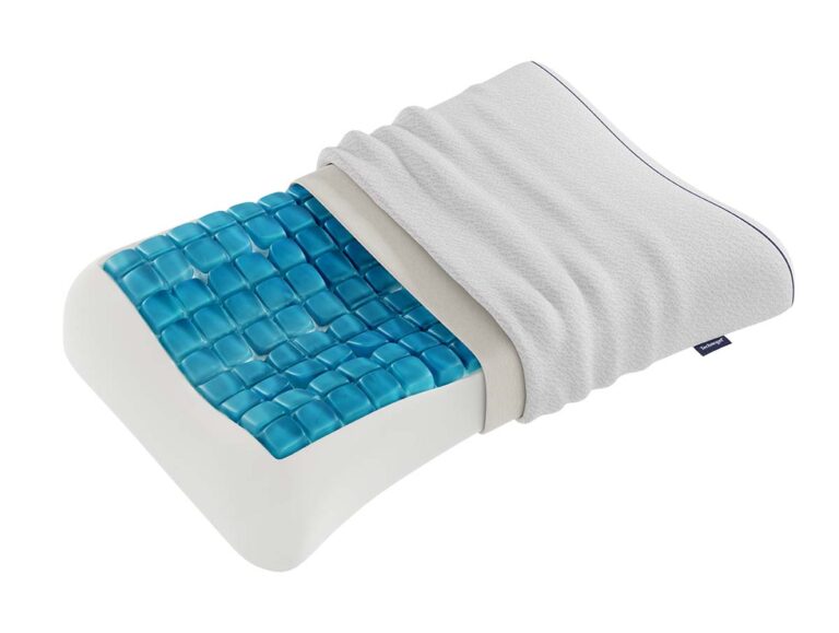 Das Technogel Kissen Anatomic Curve ist ein konturiertes Memory-Foam-Kissen mit einer kühlenden blauen Gelschicht und ergonomischer Stütze, das teilweise mit einem gewellten weißen Stoff bezogen ist.