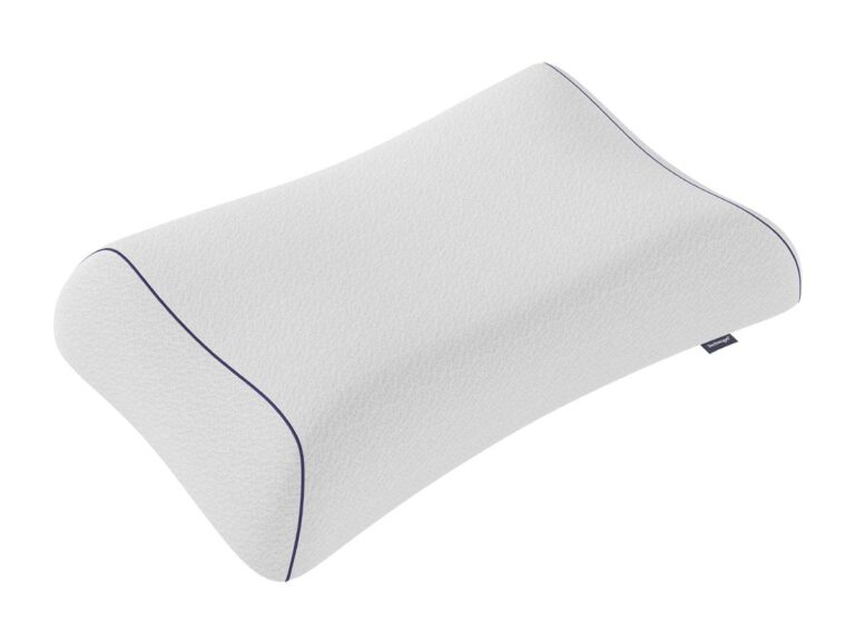 Das Technogel Kissen Anatomic Curve ist ein weißes Memory-Foam-Kissen mit dezenter Struktur und blauer Biese, das Ihren Nacken und Kopf ergonomisch stützt.