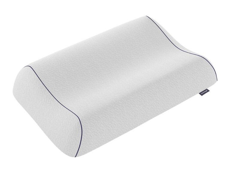 Das Technogel Kissen Anatomic ist ein weißes, konturiertes Memory-Foam-Kissen mit strukturierter Oberfläche und blauer Biese, das für eine ergonomische Nacken- und Kopfunterstützung sorgt.