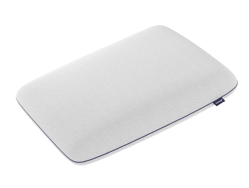 Das Technogel Kissen Deluxe ist ein rechteckiges, weißes Kissen mit einer glatten, strukturierten Oberfläche und einer dunklen Paspel entlang der Ränder, die vor einem schlichten weißen Hintergrund angebracht ist.