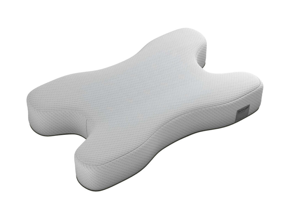Das Technogel Kissen CPAP ist ein graues, schmetterlingsförmiges Kissen aus Memory Foam, das Kopf, Nacken und Schultern stützt. Hier vor einem weißen Hintergrund abgebildet.