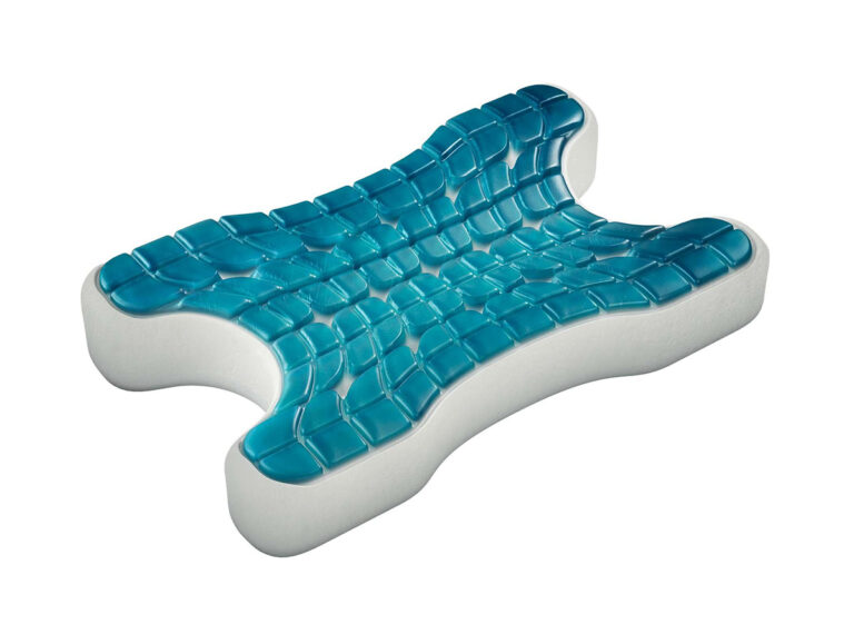 Das Technogel Kissen CPAP ist ein konturiertes orthopädisches Kissen mit einer weißen Basis und einer blauen, gitterförmigen Gel-Deckschicht, die für eine ergonomische Nacken- und Kopfstütze konzipiert ist.