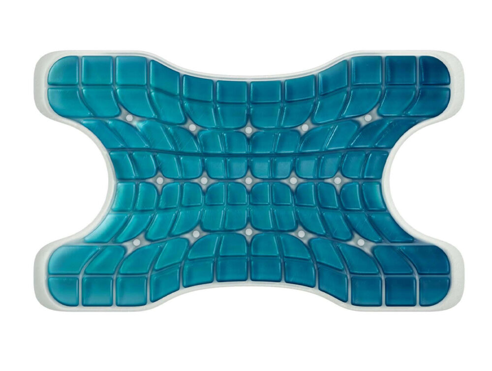 Das Technogel Kissen CPAP ist ein blaues, rechteckiges, ergonomisches Kissen mit weißem Rand, Sanduhrform und gitterförmiger Geloberfläche für Komfort und CPAP-Unterstützung.