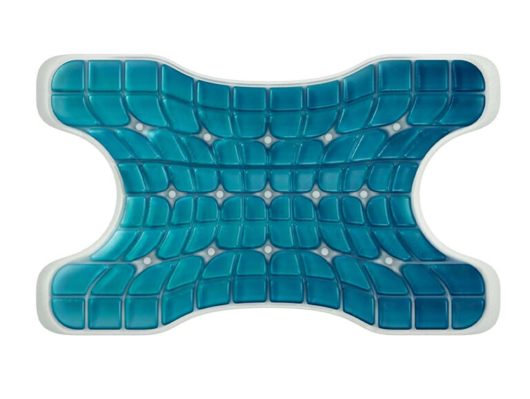 Das Technogel Kissen CPAP ist ein blaues, rechteckiges, ergonomisches Kissen mit weißem Rand, Sanduhrform und gitterförmiger Geloberfläche für Komfort und CPAP-Unterstützung.