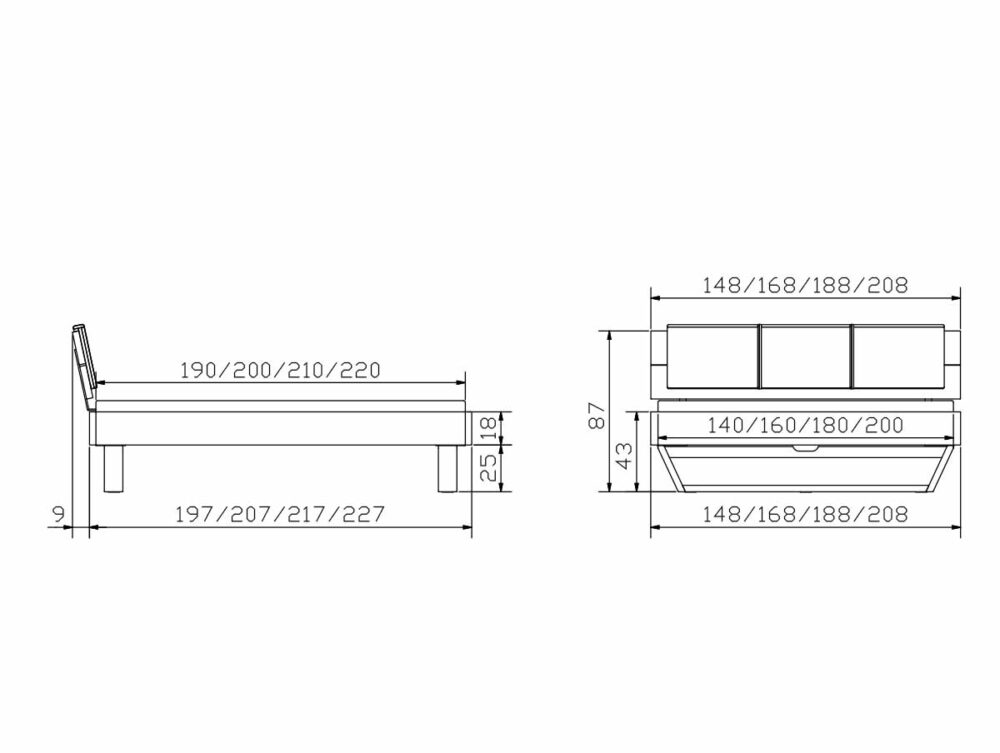 Die technische Zeichnung des Hasena Bettes "Oak-Wild Cadro 18 Skid" zeigt Seiten- und Vorderansichten mit Breite, Länge, Höhe und Durchfahrtsmaßen in Zentimetern. Verschiedene Bettgrößen sind mit entsprechenden Maßen dargestellt.