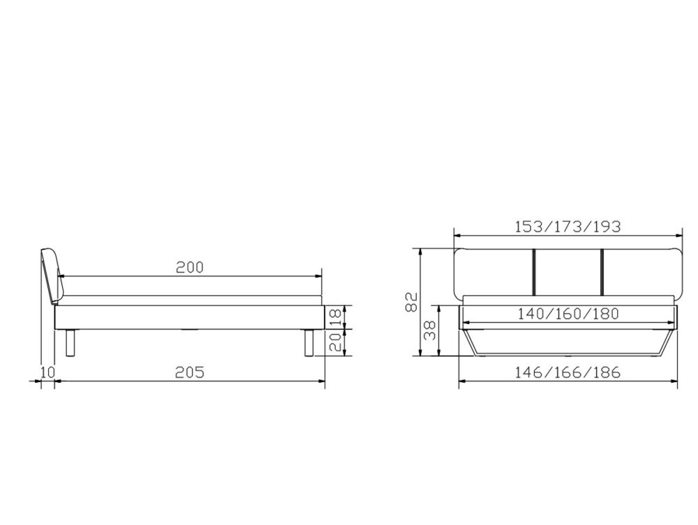 Technische Zeichnung eines Schlafsofas mit Seiten- und Vorderansicht, mit Angabe der Maße in Zentimetern: Länge 205 cm, Sitzlänge 200 cm, Rückenlehnenhöhe 82 cm, Sitzhöhe 38 cm, und verschiedene Breitenoptionen.