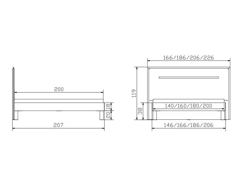 Technische Zeichnung eines Bettes mit Abmessungen in Zentimetern. Die Seitenansicht zeigt eine Länge von 207 cm und eine Höhe von 119 cm. Die Vorderansicht zeigt Breitenoptionen von 146 bis 226 cm und Bettkastenbreiten von 140 bis 200 cm.