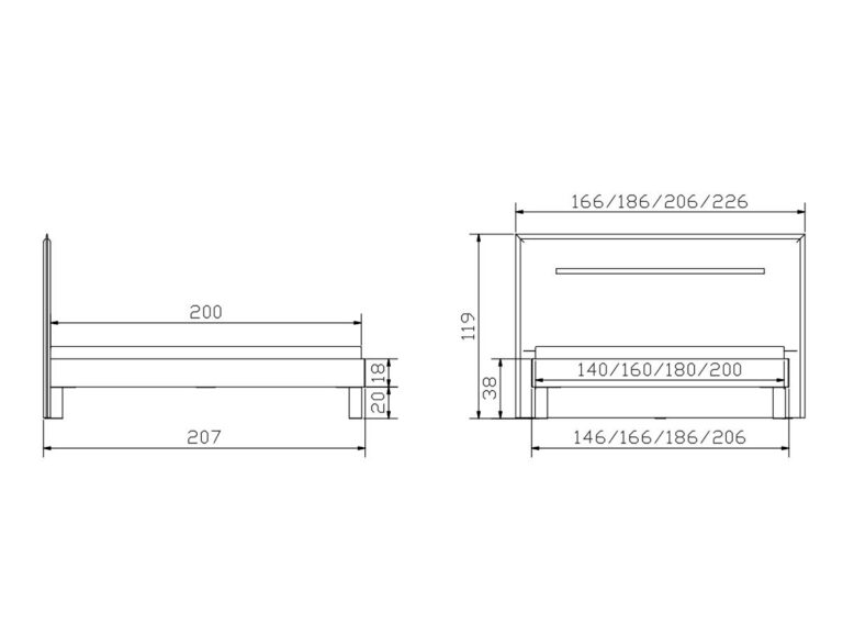 Technische Zeichnung eines Bettes mit Abmessungen in Zentimetern. Die Seitenansicht zeigt eine Länge von 207 cm und eine Höhe von 119 cm. Die Vorderansicht zeigt Breitenoptionen von 146 bis 226 cm und Bettkastenbreiten von 140 bis 200 cm.