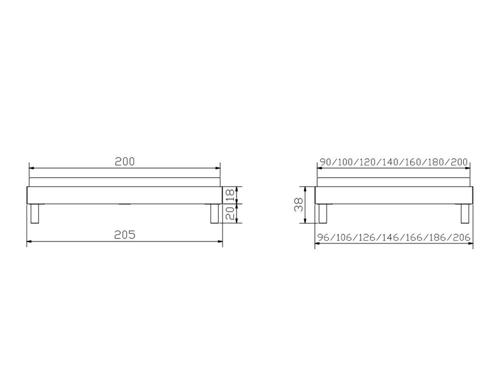 Technische Strichzeichnung mit zwei Ansichten eines rechteckigen Plattformbettrahmens mit Maßangaben in Zentimetern, die die Abmessungen in Länge, Breite und Höhe veranschaulichen.