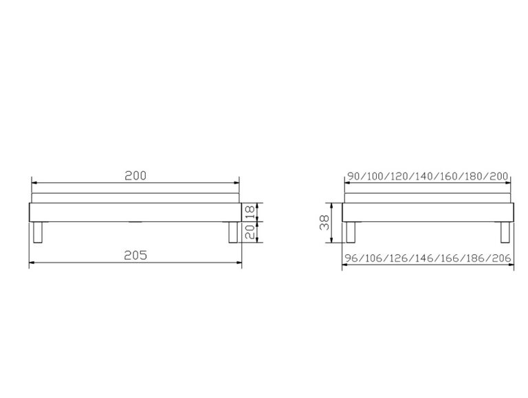 Technische Strichzeichnung mit zwei Ansichten eines rechteckigen Plattformbettrahmens mit Maßangaben in Zentimetern, die die Abmessungen in Länge, Breite und Höhe veranschaulichen.