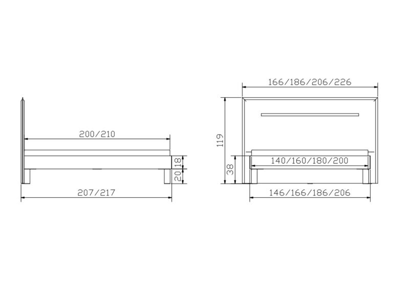 Technische Zeichnung eines Bettes, dargestellt in der Seiten- und Vorderansicht, mit beschrifteten Abmessungen in Zentimetern. Die Maße für Breite, Länge und Höhe sind entlang der Kanten des Bettes angegeben.