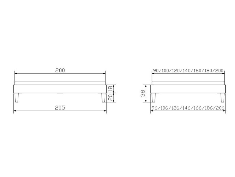 Technische Zeichnung einer rechteckigen Bank oder eines Bettgestells mit Vorder- und Seitenansicht, die verschiedene Breiten- und Tiefenmaße in Zentimetern sowie Bein- und Höhenmaße enthält.
