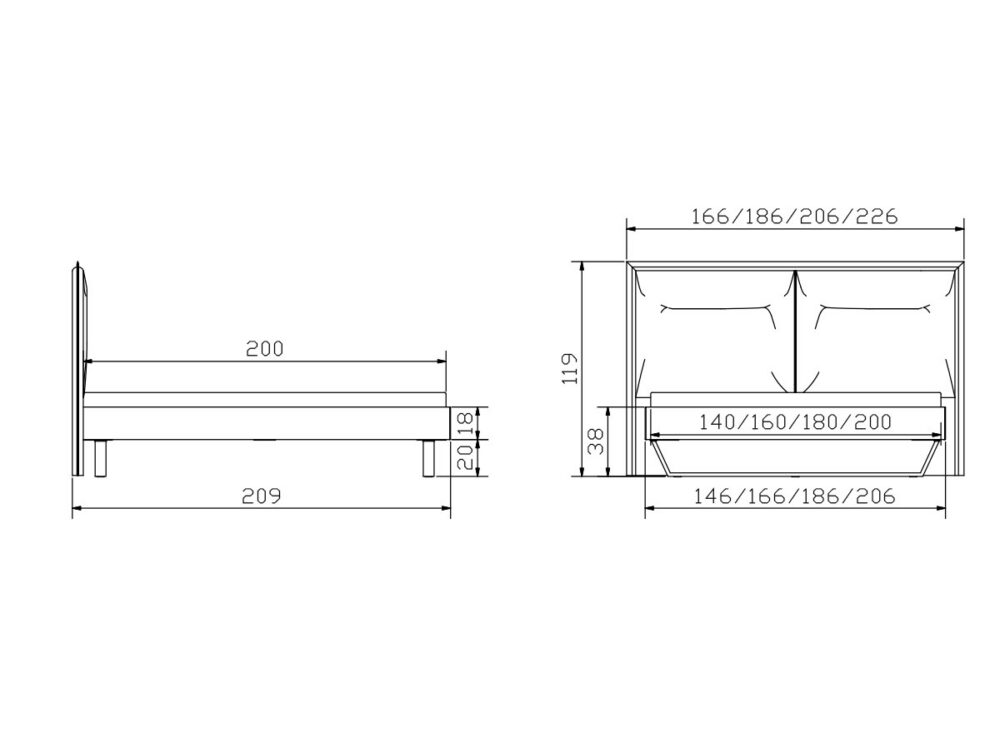 Technische Zeichnung eines Bettes mit Seiten- und Vorderansicht, die die Maße in Zentimetern für Länge, Höhe und verschiedene Breitenoptionen von 140 bis 200 cm angibt. Die detaillierten Abmessungen sind in der gesamten Zeichnung markiert.