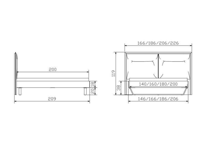 Technische Zeichnung eines Bettes mit Seiten- und Vorderansicht, die die Maße in Zentimetern für Länge, Höhe und verschiedene Breitenoptionen von 140 bis 200 cm angibt. Die detaillierten Abmessungen sind in der gesamten Zeichnung markiert.