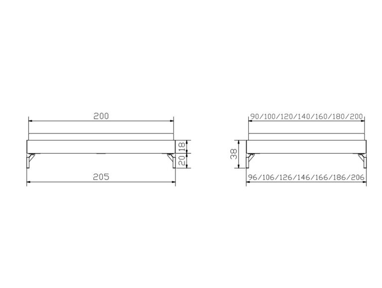 Technische Zeichnung einer rechteckigen Bank oder eines rechteckigen Tisches, dargestellt in Vorder- und Seitenansicht, mit detaillierten Maßangaben in Zentimetern für Länge, Breite und Höhe.