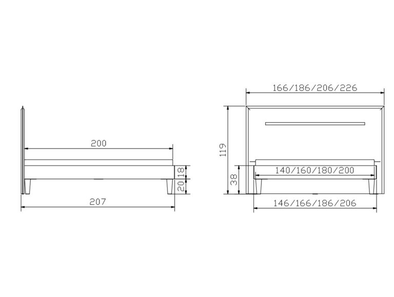Technische Strichzeichnung eines Bettes mit Vorder- und Seitenansicht, mit detaillierten Abmessungen in Zentimetern für Bettlänge, -breite, -höhe und nutzbare Matratzengröße.
