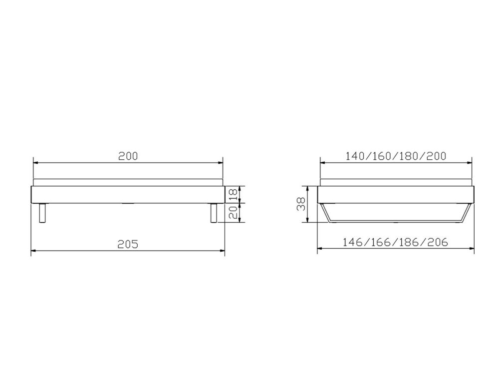 Technische Zeichnung eines rechteckigen Objekts mit den Abmessungen: 205 mm breit, 38 mm hoch und verfügbaren Längen von 140, 160, 180 oder 200 mm. Zu den Merkmalen gehören ein Oberteil und ein unterer, leicht vertiefter Sockel.