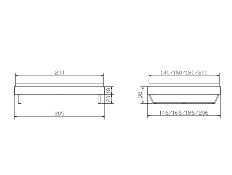 Technische Zeichnung eines rechteckigen Objekts mit den Abmessungen: 205 mm breit, 38 mm hoch und verfügbaren Längen von 140, 160, 180 oder 200 mm. Zu den Merkmalen gehören ein Oberteil und ein unterer, leicht vertiefter Sockel.