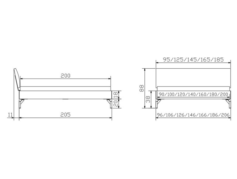 Technische Zeichnung eines Bettes mit Abmessungen. Die Seitenansicht zeigt eine Länge von 205 cm und eine Höhe von 88 cm, ein Kopfteil von 100 cm und einen Freiraum von 11 cm unter dem Bett. Die Vorderansicht zeigt mehrere Breitenoptionen von 95 bis 185 cm.