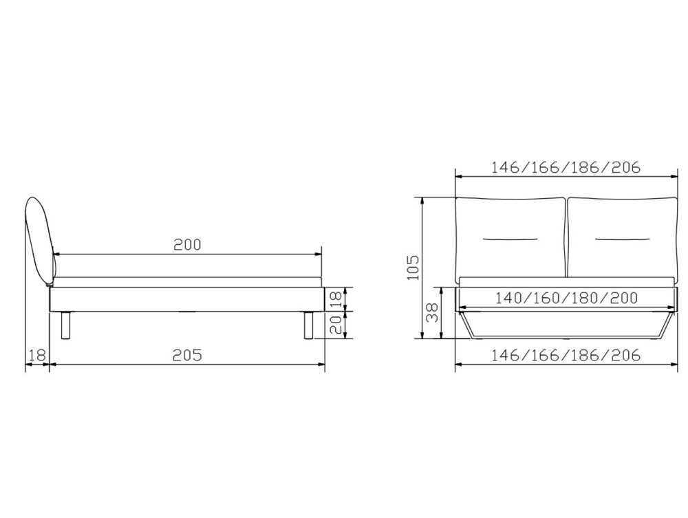Technische Zeichnung eines Sofas mit Seiten- und Vorderansicht, mit den Abmessungen in Zentimetern: Länge 200/205 cm, Höhe 105 cm, Sitzhöhe 38 cm und Breitenoptionen von 146 bis 206 cm.