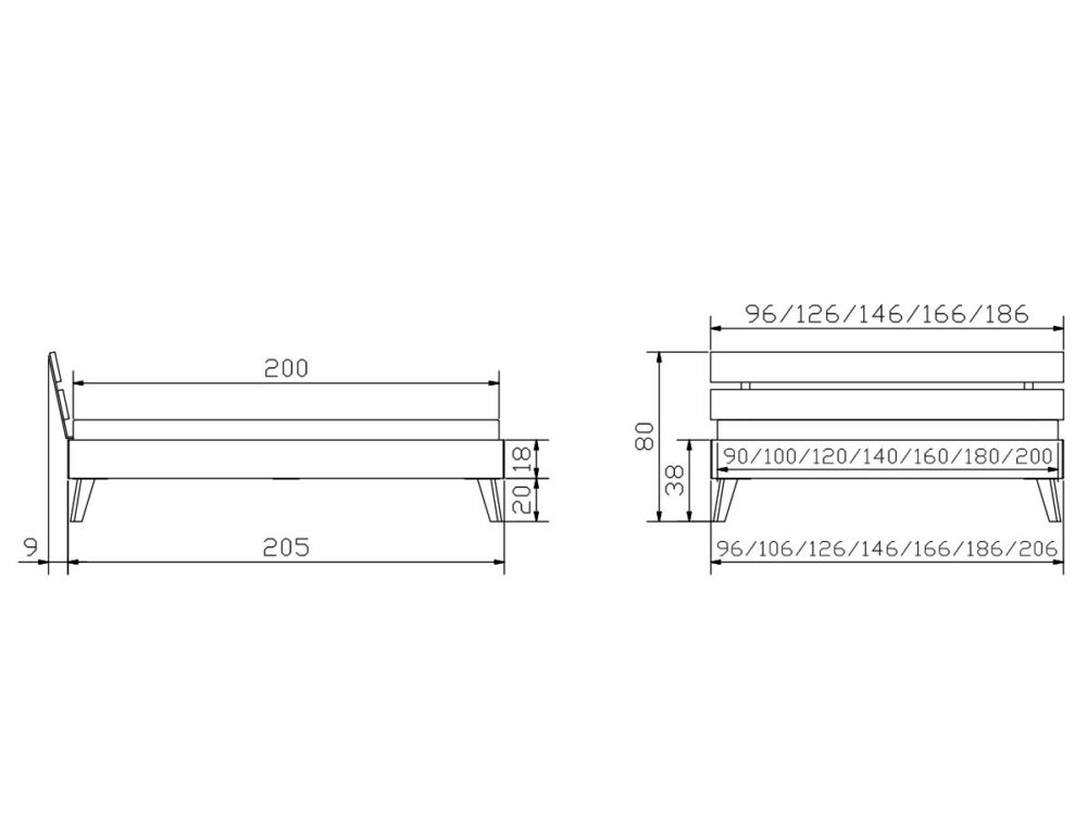 Technische Zeichnung eines Bettes mit Abmessungen. Die Seitenansicht zeigt eine Länge von 205 cm und eine Höhe von 80 cm. Die Vorderansicht zeigt eine Breite von 96 bis 186 cm. Die Höhe der Matratze beträgt 38 cm, die Höhe des Bettes vom Boden aus 9 cm.