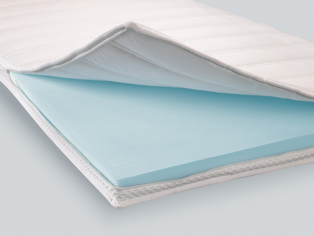 Nahaufnahme einer Matratze oder Matratzenauflage mit weißem, gestepptem Bezug, der teilweise geöffnet wird und eine Schicht hellblauen Schaumstoffs im Inneren offenbart.