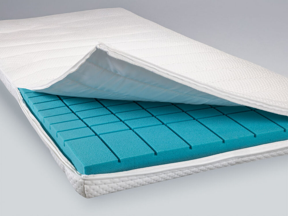 Eine Matratze mit einem weißen, gesteppten Bezug, der teilweise geöffnet wird und eine blaue Schaumstoffschicht mit einem Gitter aus gleichmäßig verteilten rechteckigen Rillen zum Vorschein bringt.