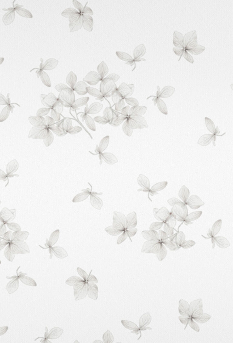 Zartes, hellgraues Blumenmuster mit Büscheln von umrissenen Blumen und verstreuten Blütenblättern auf weißem Hintergrund. Das Design ist minimalistisch und elegant und vermittelt ein weiches und luftiges Gefühl.