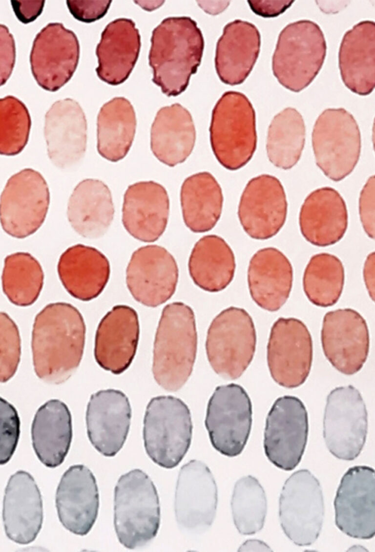 Reihen von Aquarell-Ovalen in verschiedenen Rot-, Orange- und Grautönen sind in einem Gittermuster auf weißem Hintergrund angeordnet.