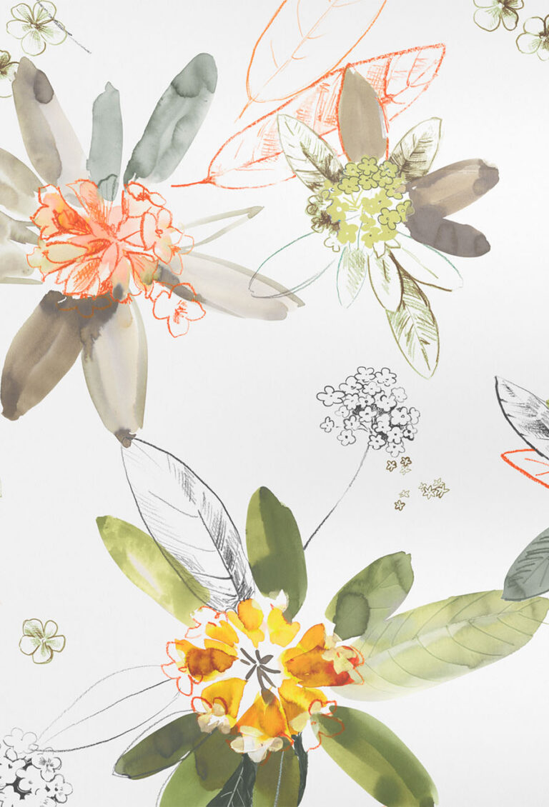 Aquarell- und Tuschestil-Illustration verschiedener Blumen und Blätter in Grün-, Gelb-, Orange- und Grautönen vor weißem Hintergrund. Das Blumenarrangement ist künstlerisch und locker skizziert.